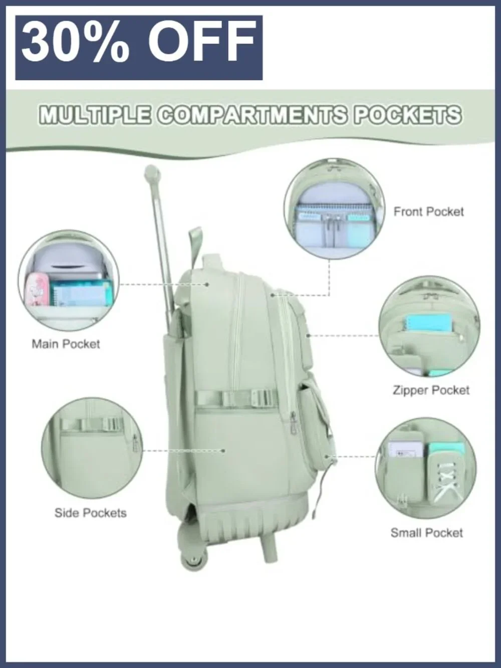 3Pc Rolling Backpack for Girls with Lunch Bag & Pencil Pouch USB Port